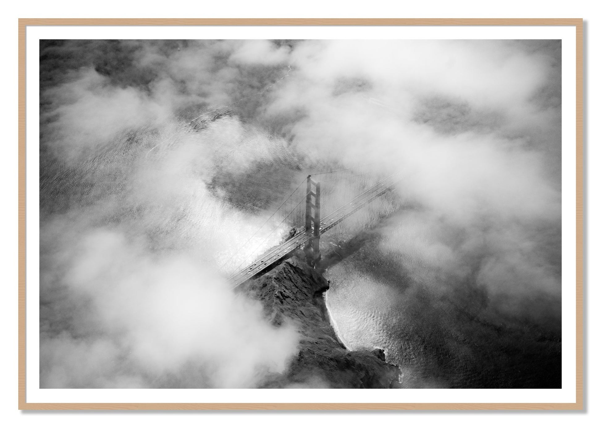 Golden Gate Fog by Dylan Ozanich, 48×72 print with a White Border in an Oak frame