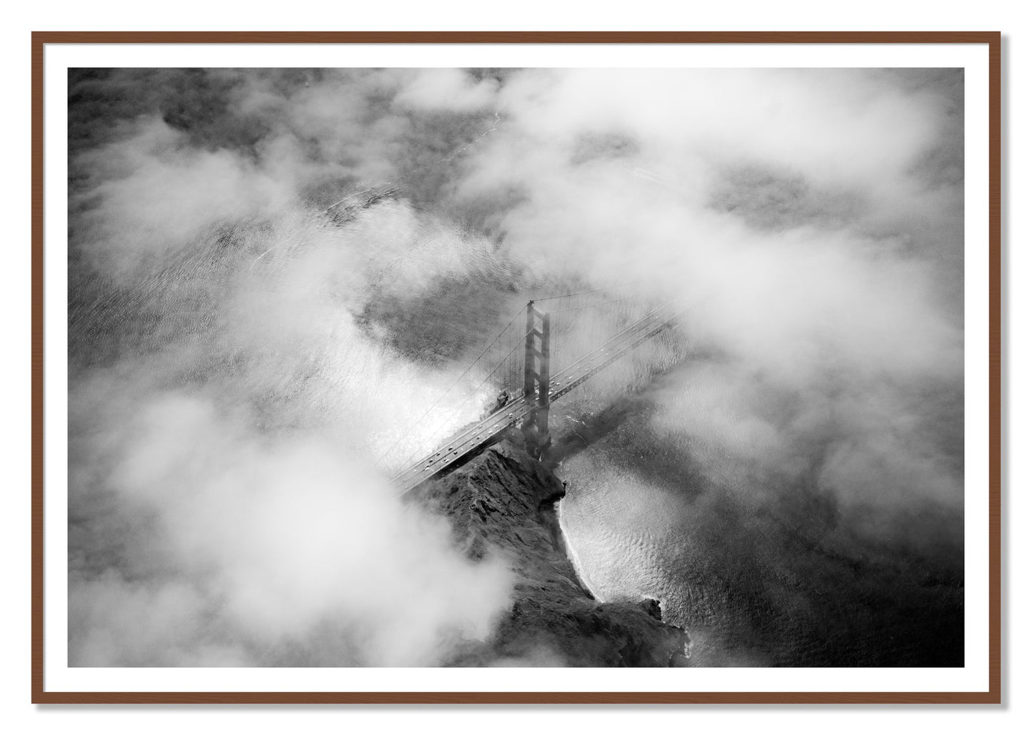Golden Gate Fog by Dylan Ozanich, 48×72 print with a White Border in a Walnut frame