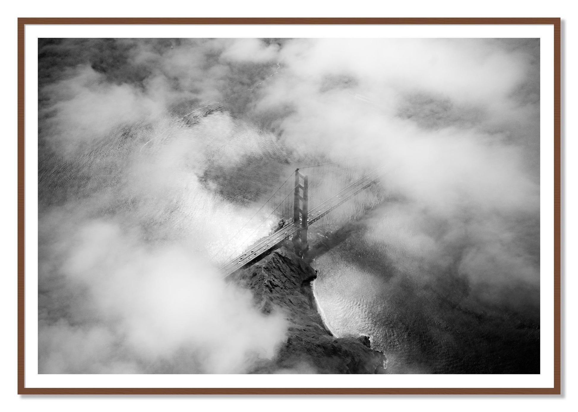 Golden Gate Fog by Dylan Ozanich, 48×72 print with a White Border in a Walnut frame