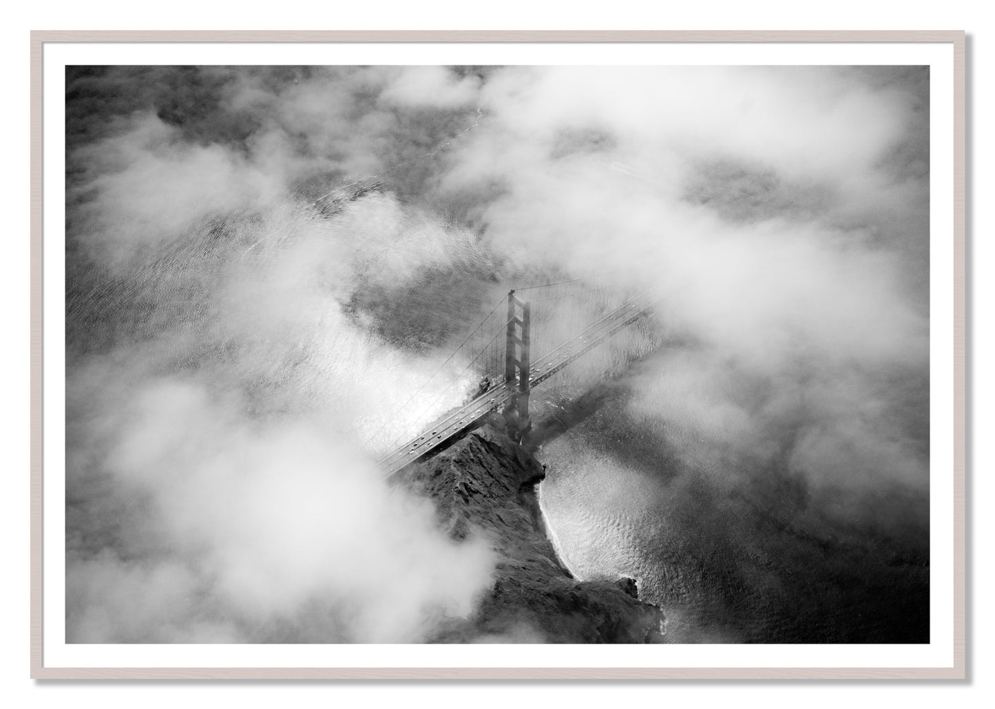 Golden Gate Fog by Dylan Ozanich, 48×72 print with a White Border in a White Maple frame