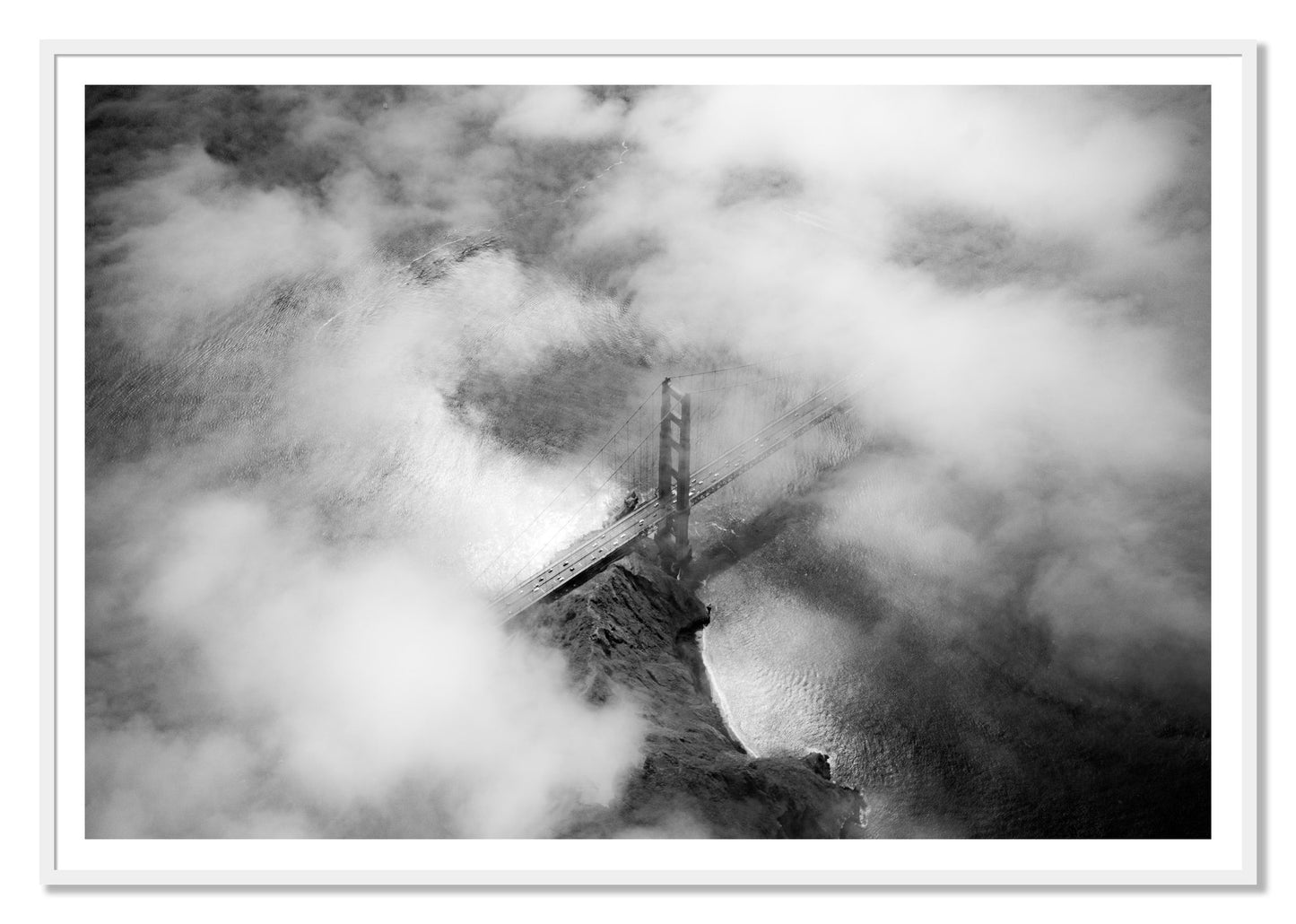 Golden Gate Fog by Dylan Ozanich, 48×72 print with a White Border in a White frame
