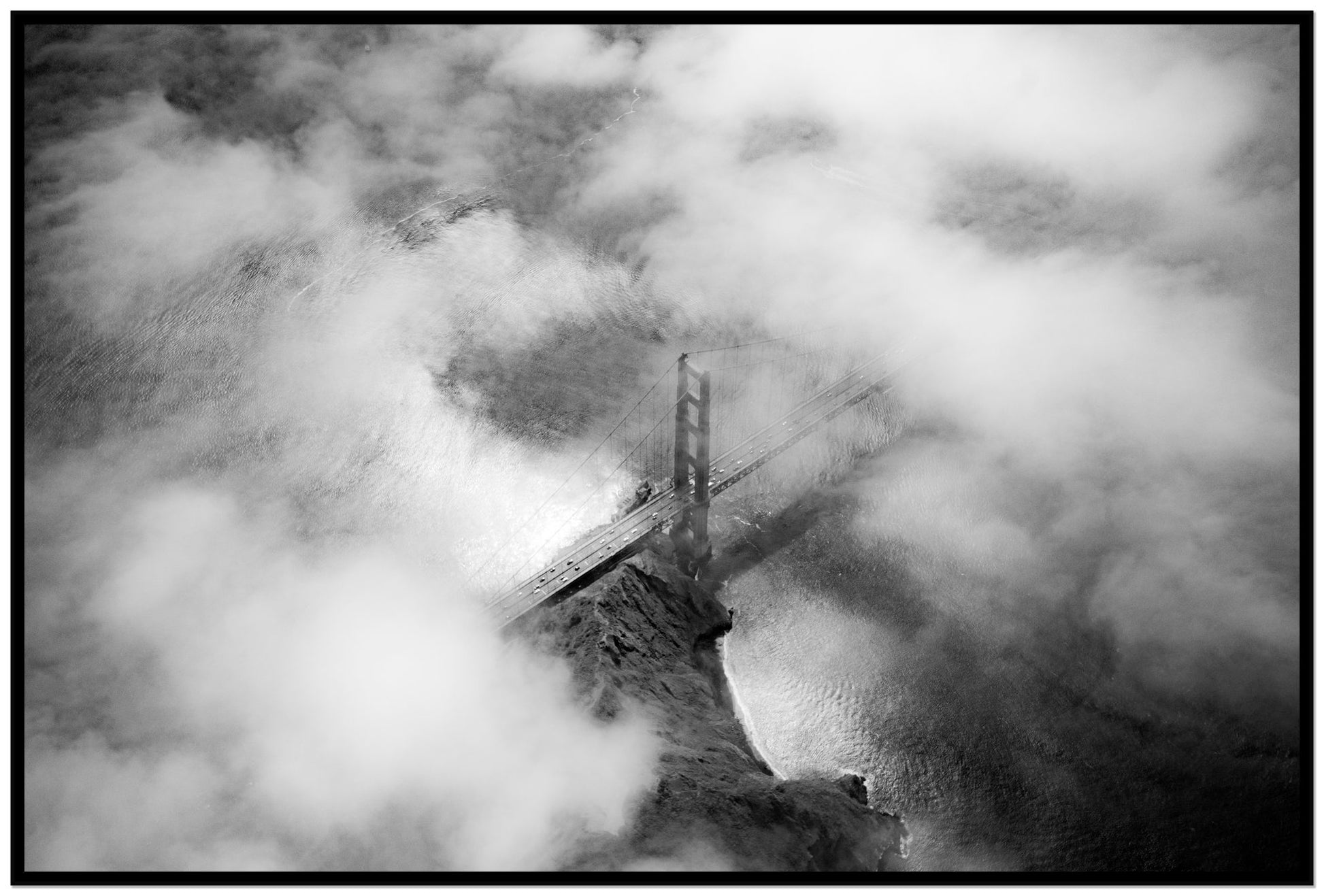 Golden Gate Fog by Dylan Ozanich, 48×72 Full Bleed Print in a Black frame