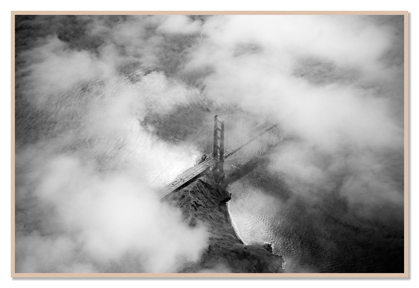 Golden Gate Fog by Dylan Ozanich, 48×72 Full Bleed Print in a Maple frame