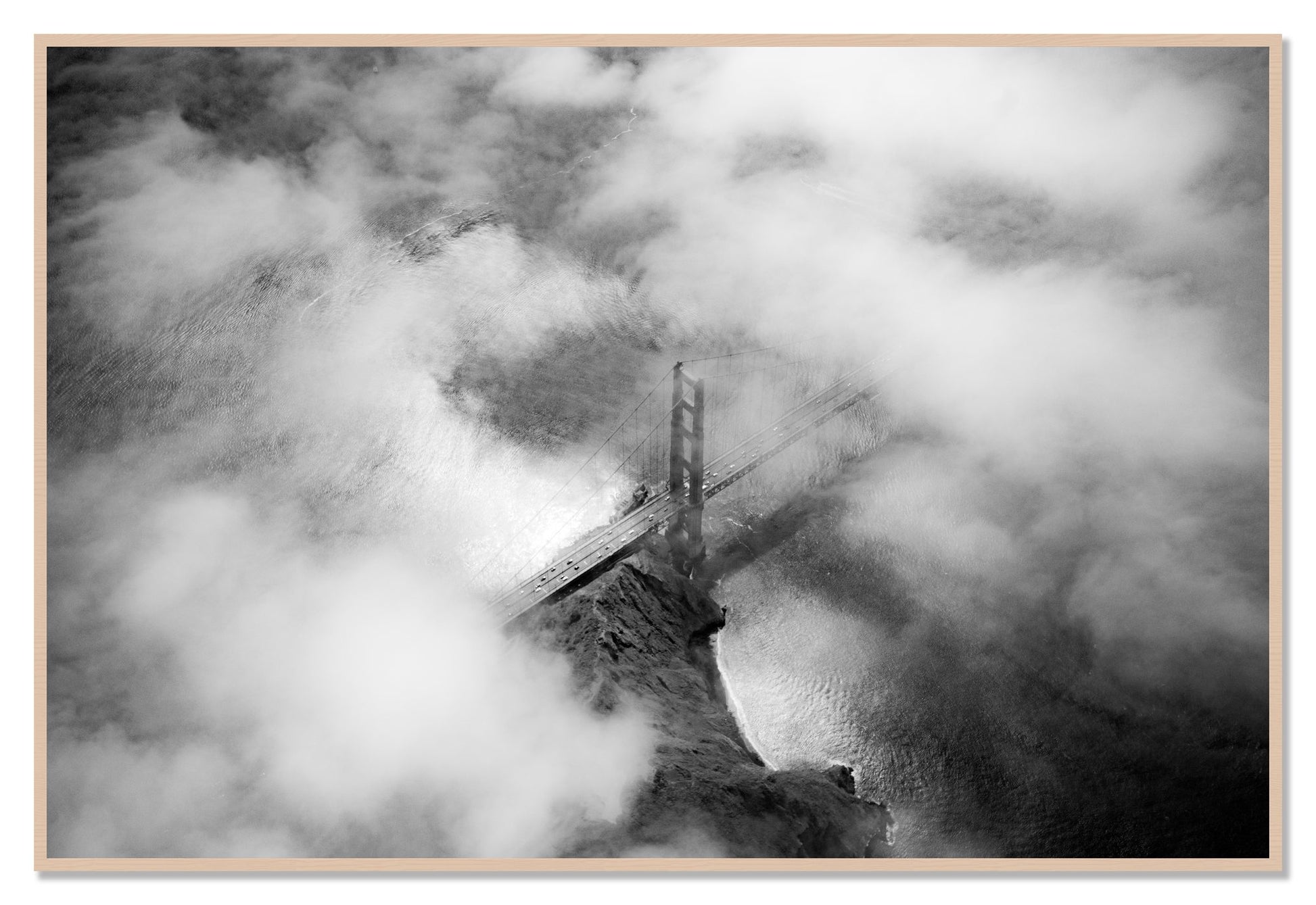 Golden Gate Fog by Dylan Ozanich, 48×72 Full Bleed Print in a Maple frame