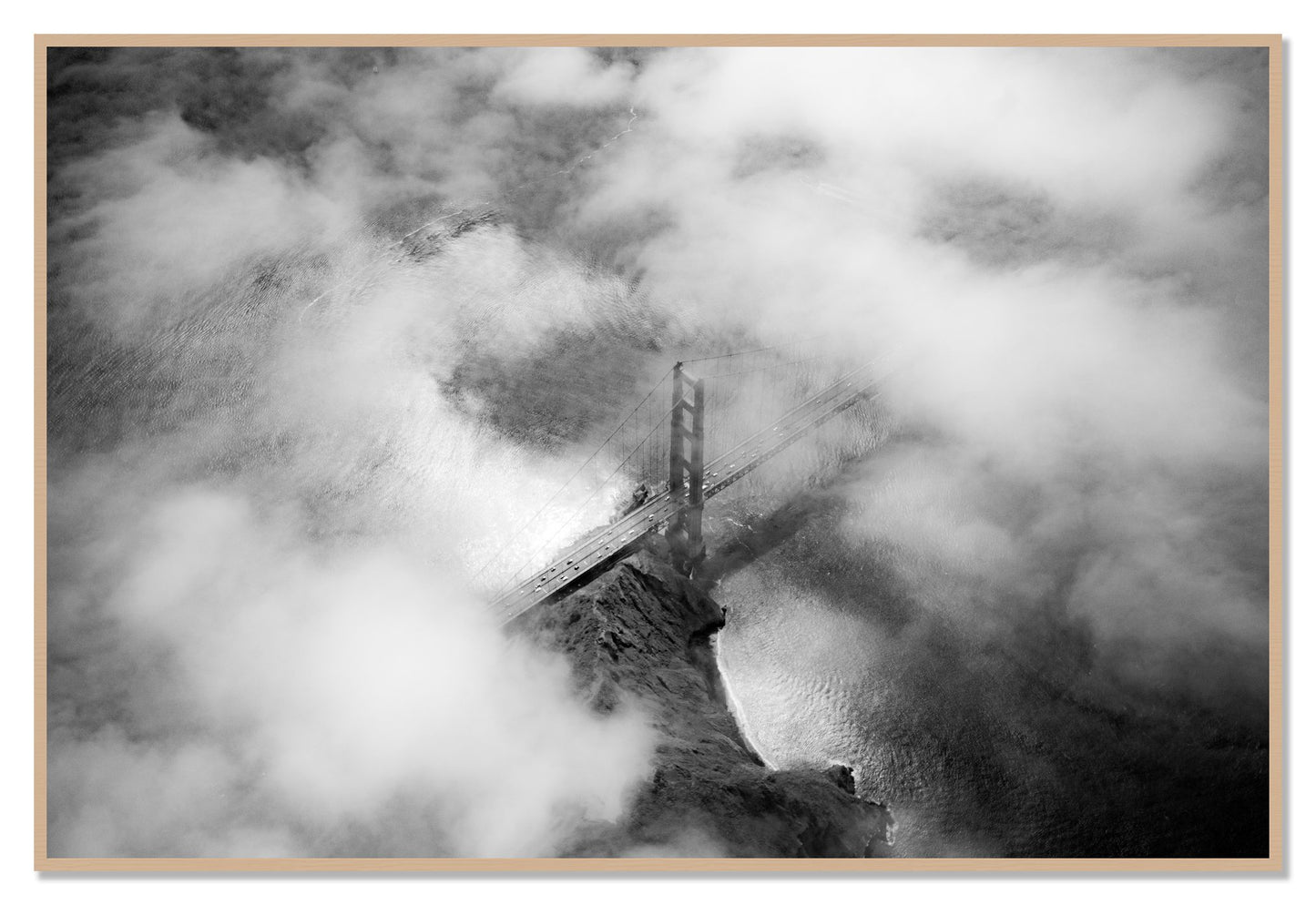 Golden Gate Fog by Dylan Ozanich, 48×72 Full Bleed Print in an Oak frame