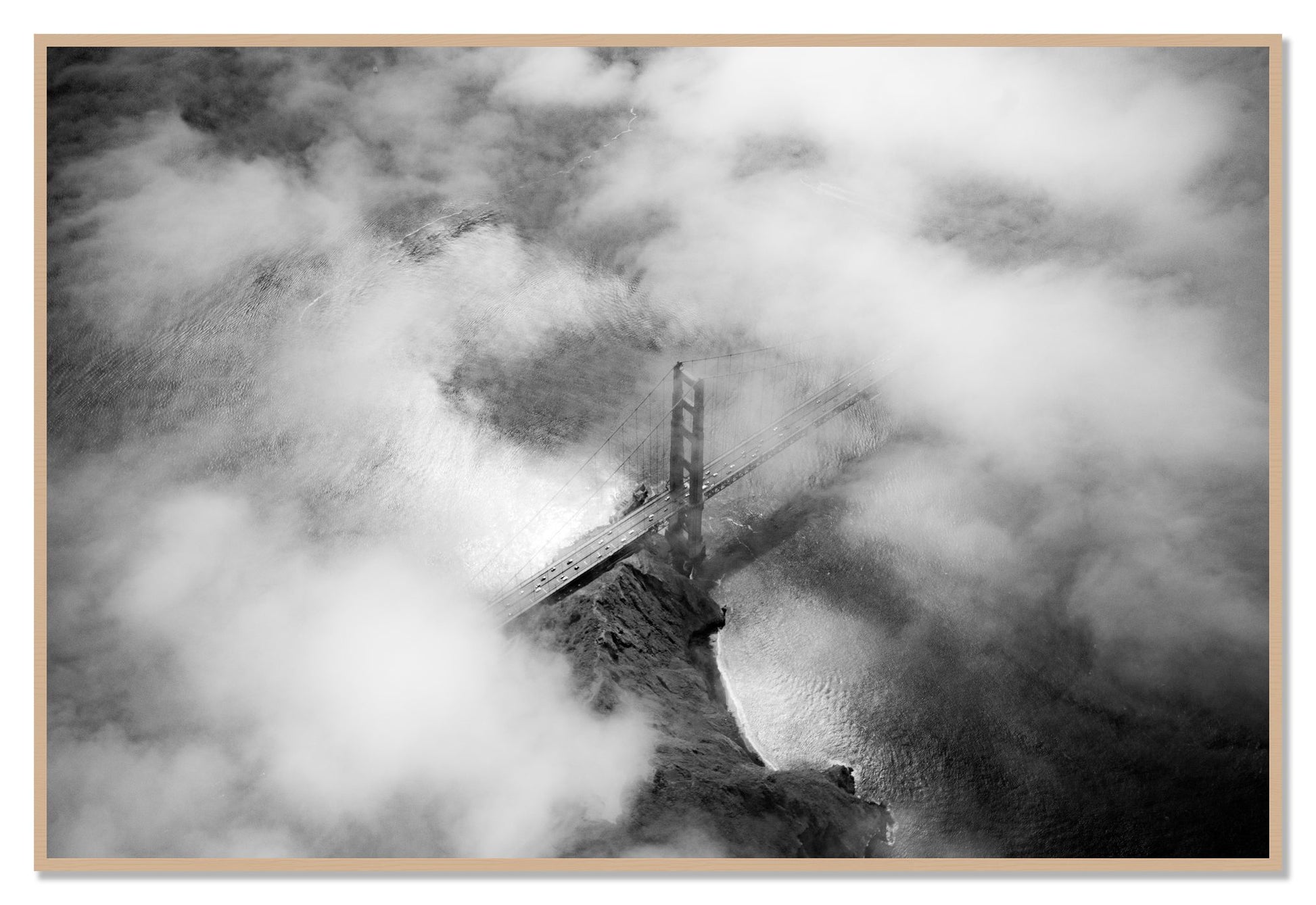 Golden Gate Fog by Dylan Ozanich, 48×72 Full Bleed Print in an Oak frame
