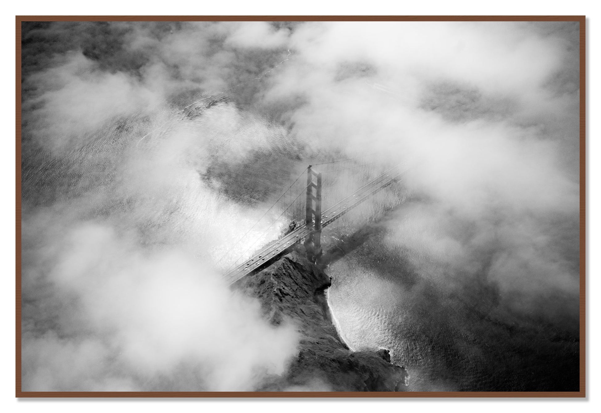 Golden Gate Fog by Dylan Ozanich, 48×72 Full Bleed Print in a Walnut frame