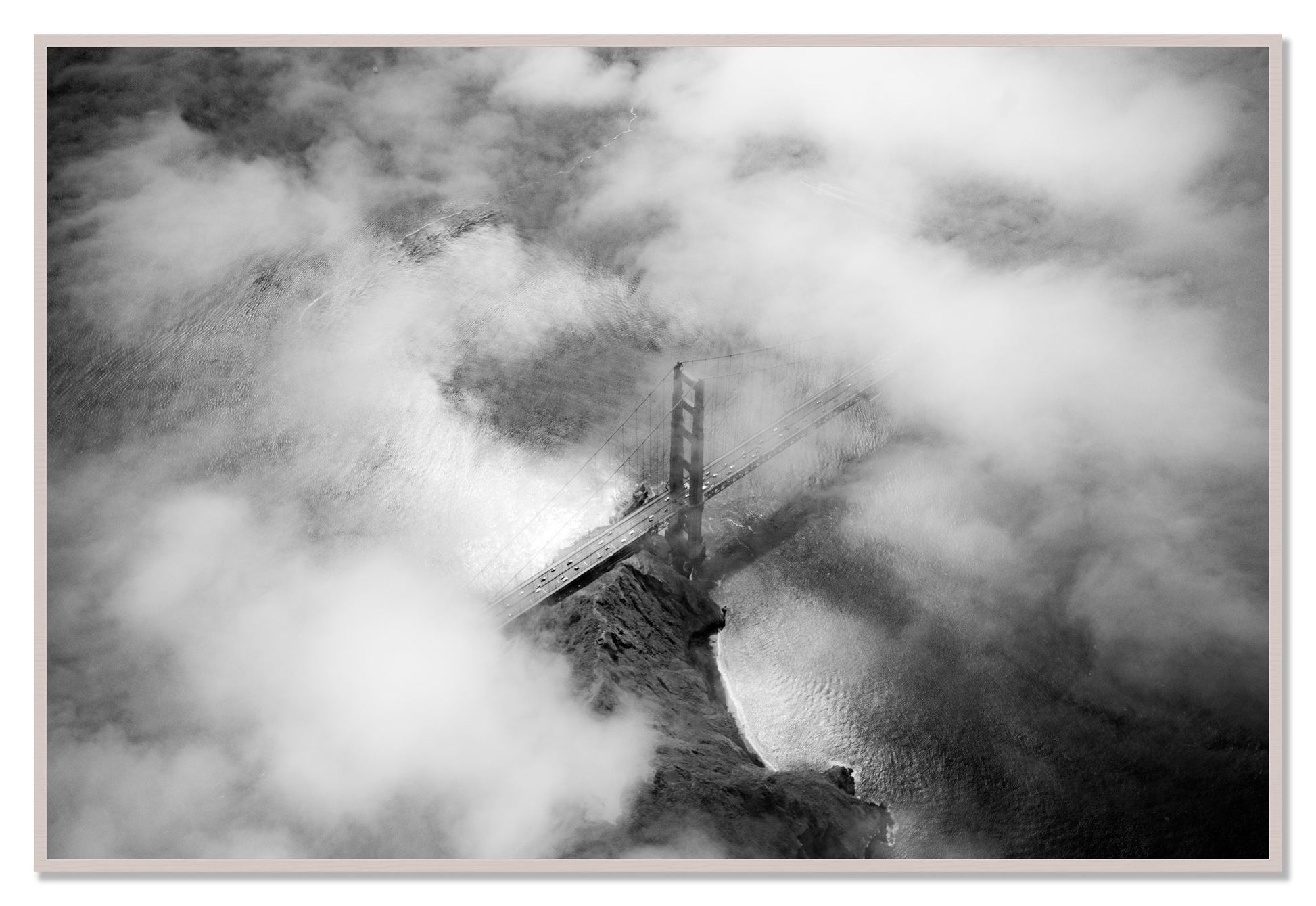 Golden Gate Fog by Dylan Ozanich, 48×72 Full Bleed Print in a White Maple frame