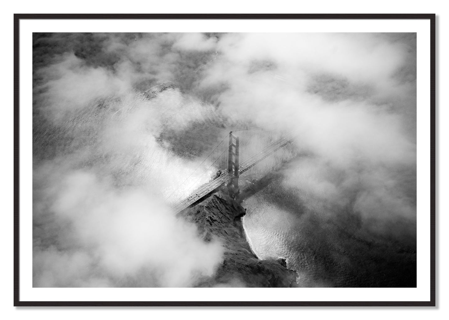Framed photograph of Golden Gate Fog by Dylan Ozanich, Black Walnut frame, Borders