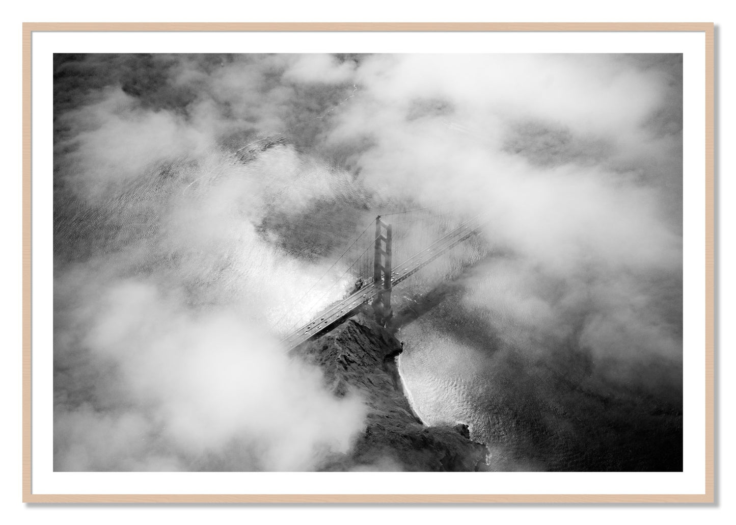 Framed photograph of Golden Gate Fog by Dylan Ozanich, Maple frame, Borders