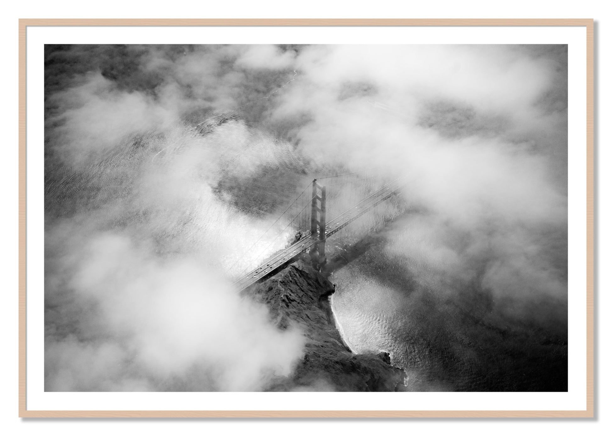 Framed photograph of Golden Gate Fog by Dylan Ozanich, Maple frame, Borders