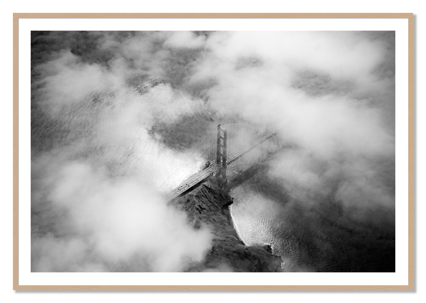 Framed photograph of Golden Gate Fog by Dylan Ozanich, Oak frame, Borders
