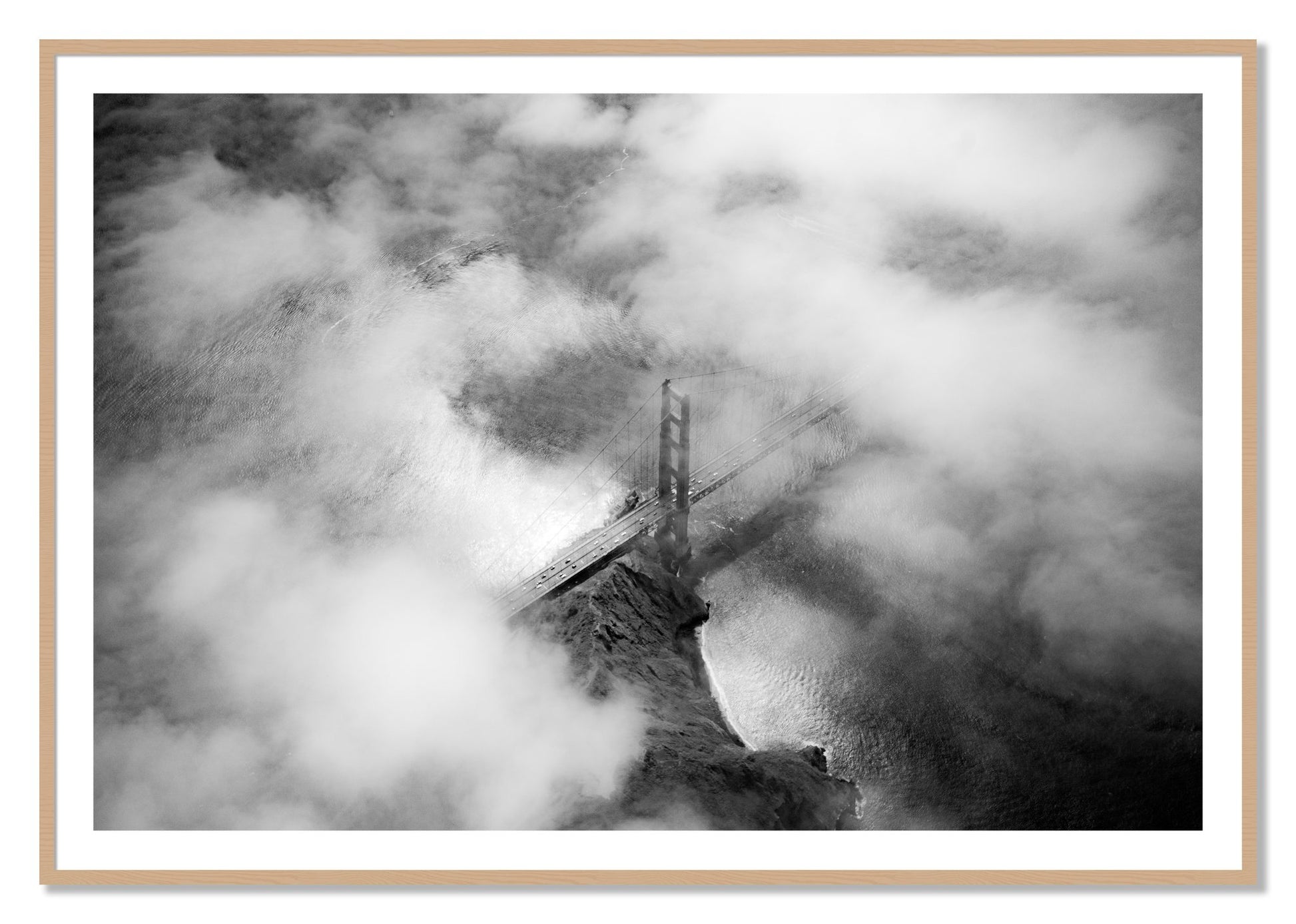 Framed photograph of Golden Gate Fog by Dylan Ozanich, Oak frame, Borders