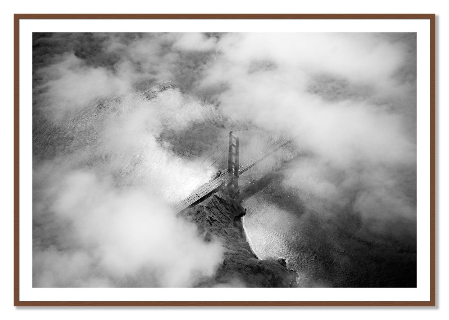 Framed photograph of Golden Gate Fog by Dylan Ozanich, Walnut frame, Borders