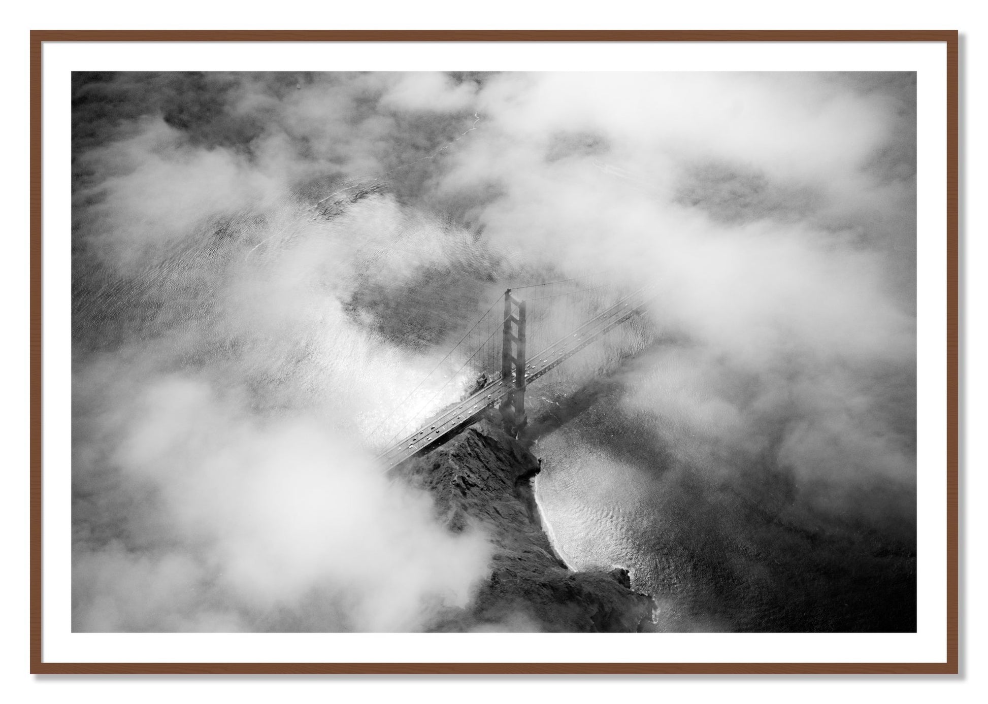 Framed photograph of Golden Gate Fog by Dylan Ozanich, Walnut frame, Borders