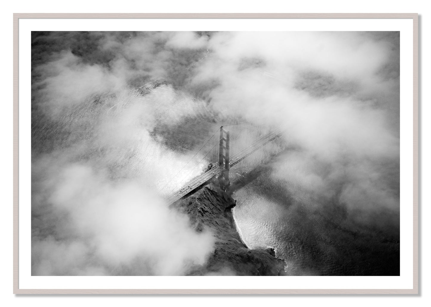 Framed photograph of Golden Gate Fog by Dylan Ozanich, White Maple frame, Borders