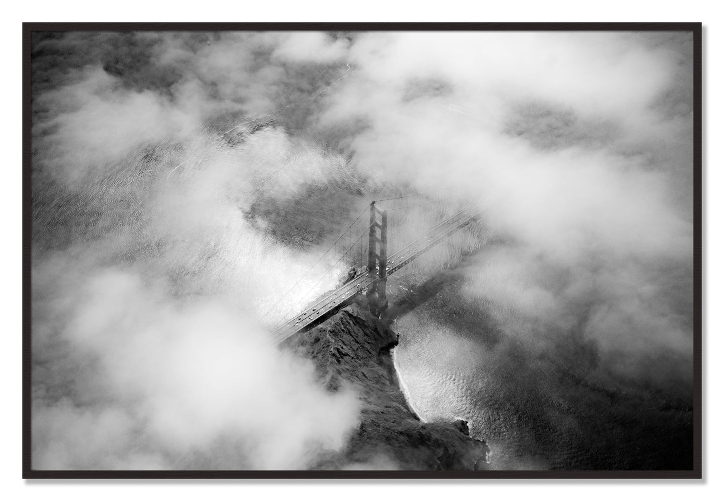 Framed photograph of Golden Gate Fog by Dylan Ozanich, Black Walnut frame, Full Bleed