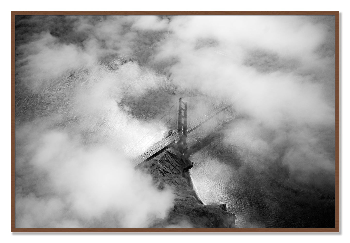 Framed photograph of Golden Gate Fog by Dylan Ozanich, Walnut frame, Full Bleed