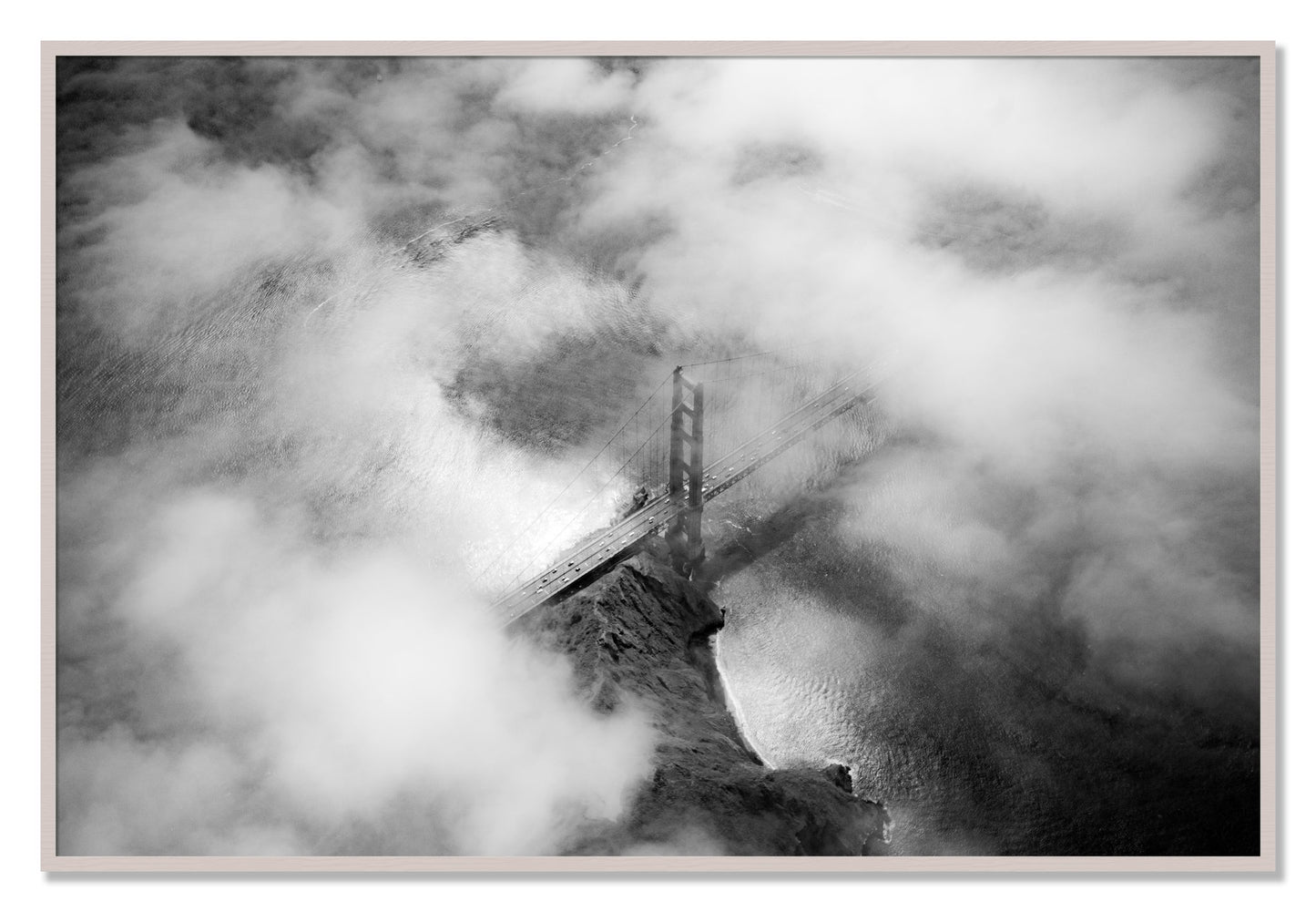 Framed photograph of Golden Gate Fog by Dylan Ozanich, White Maple frame, Full Bleed