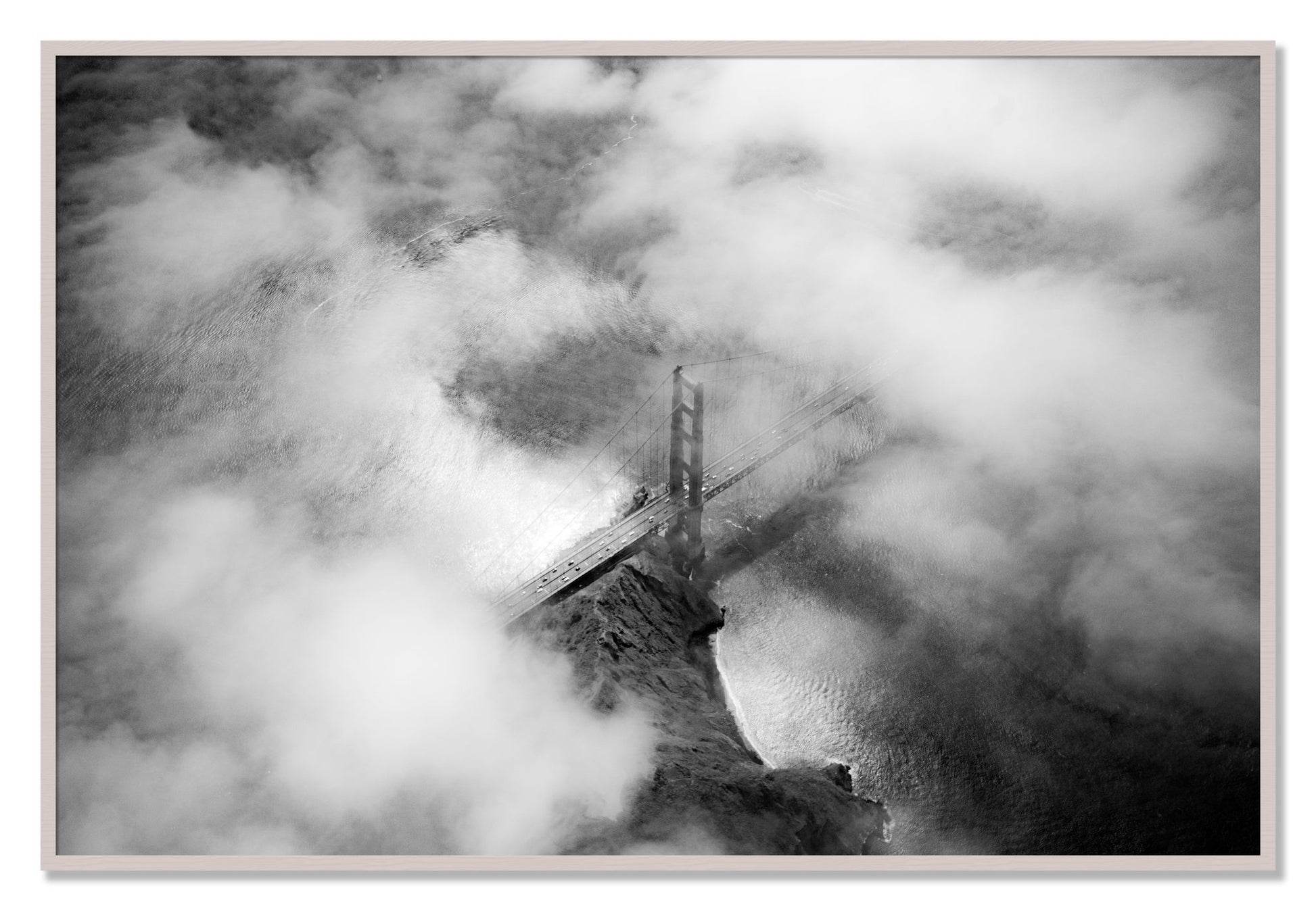 Framed photograph of Golden Gate Fog by Dylan Ozanich, White Maple frame, Full Bleed