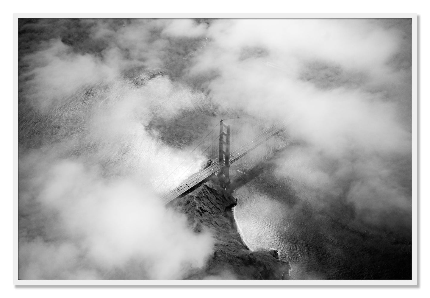 Framed photograph of Golden Gate Fog by Dylan Ozanich, White frame, Full Bleed