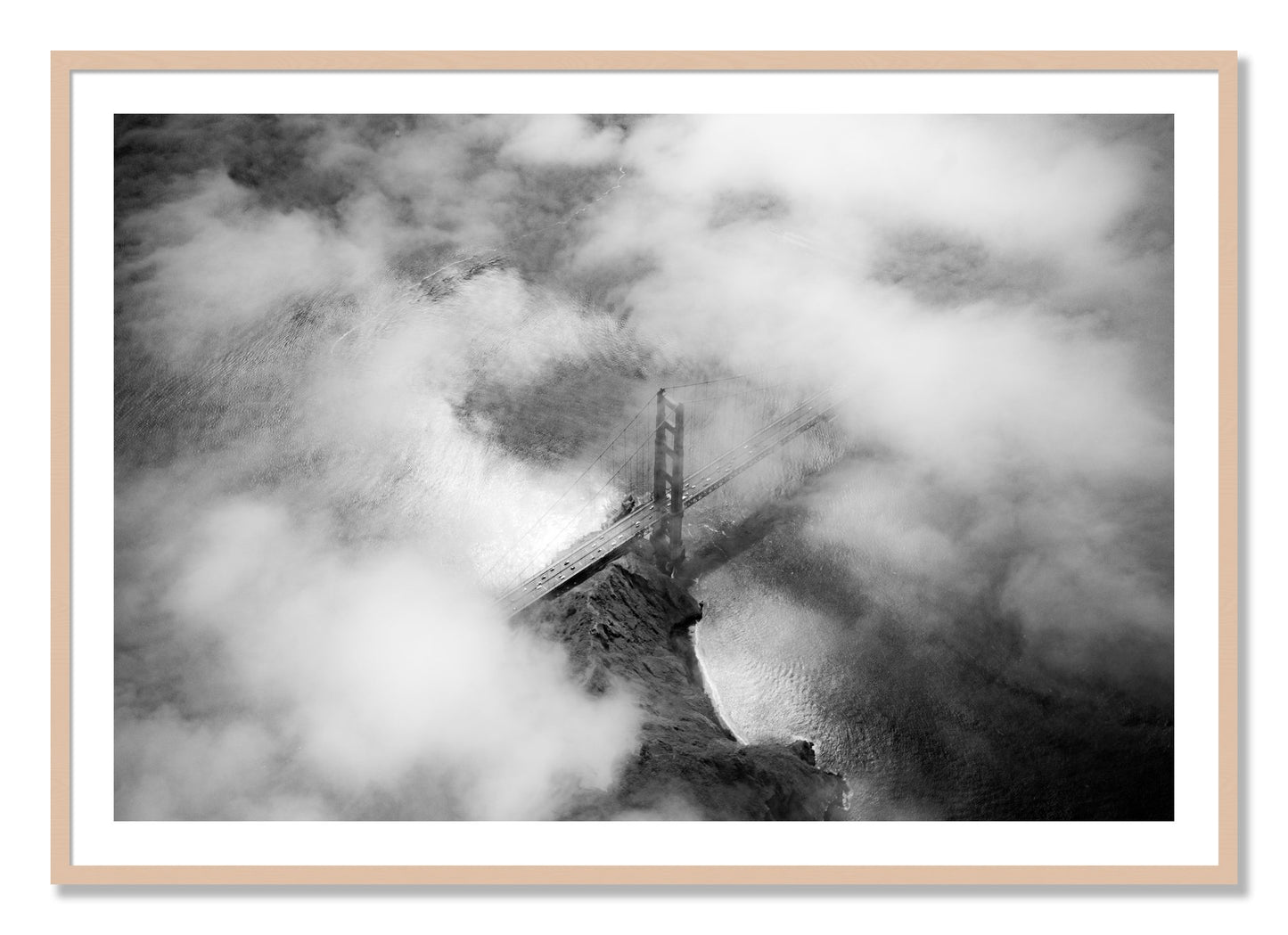 Framed photograph of Golden Gate Fog by Dylan Ozanich, Maple frame, Borders