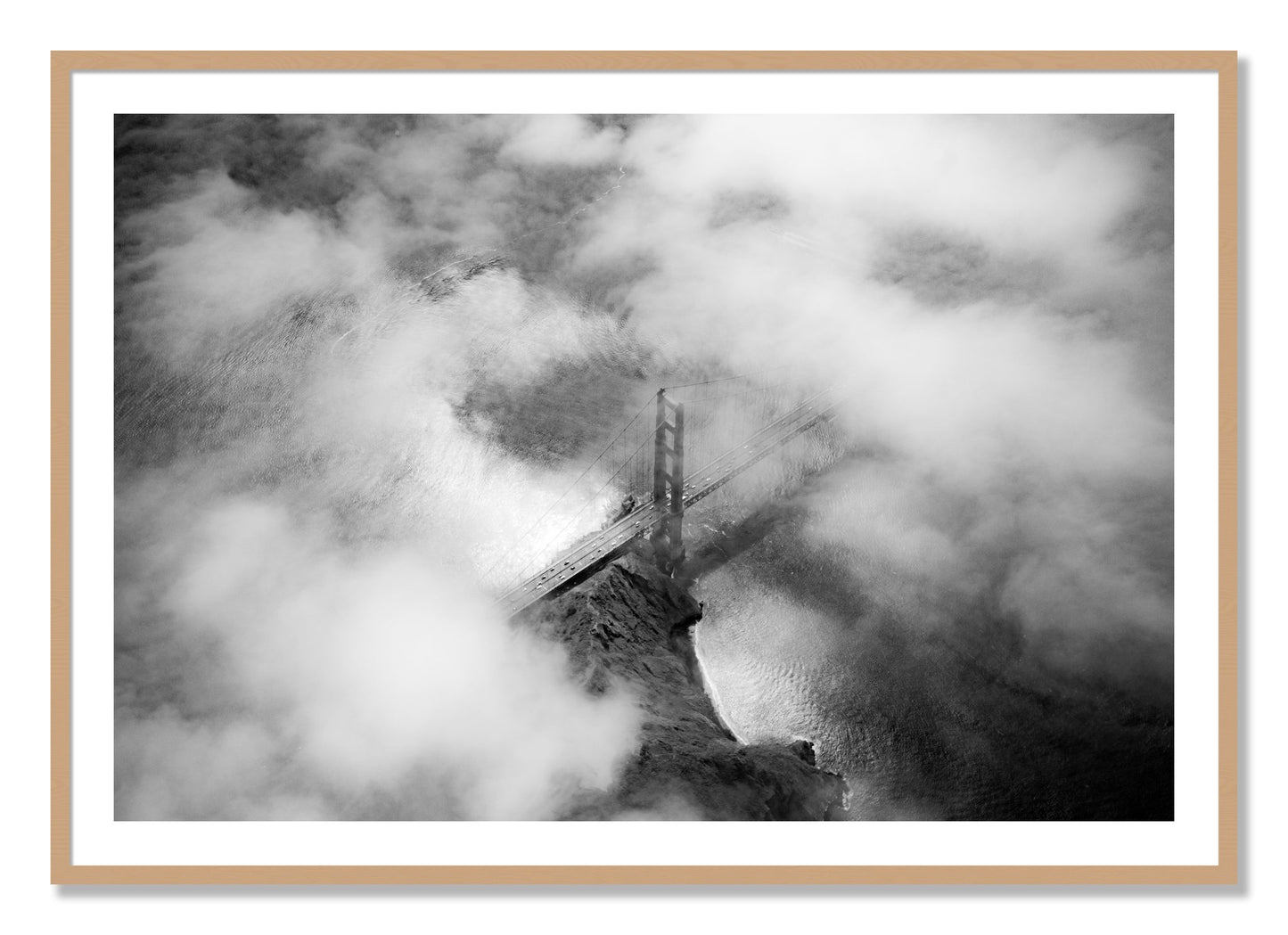 Framed photograph of Golden Gate Fog by Dylan Ozanich, Oak frame, Borders