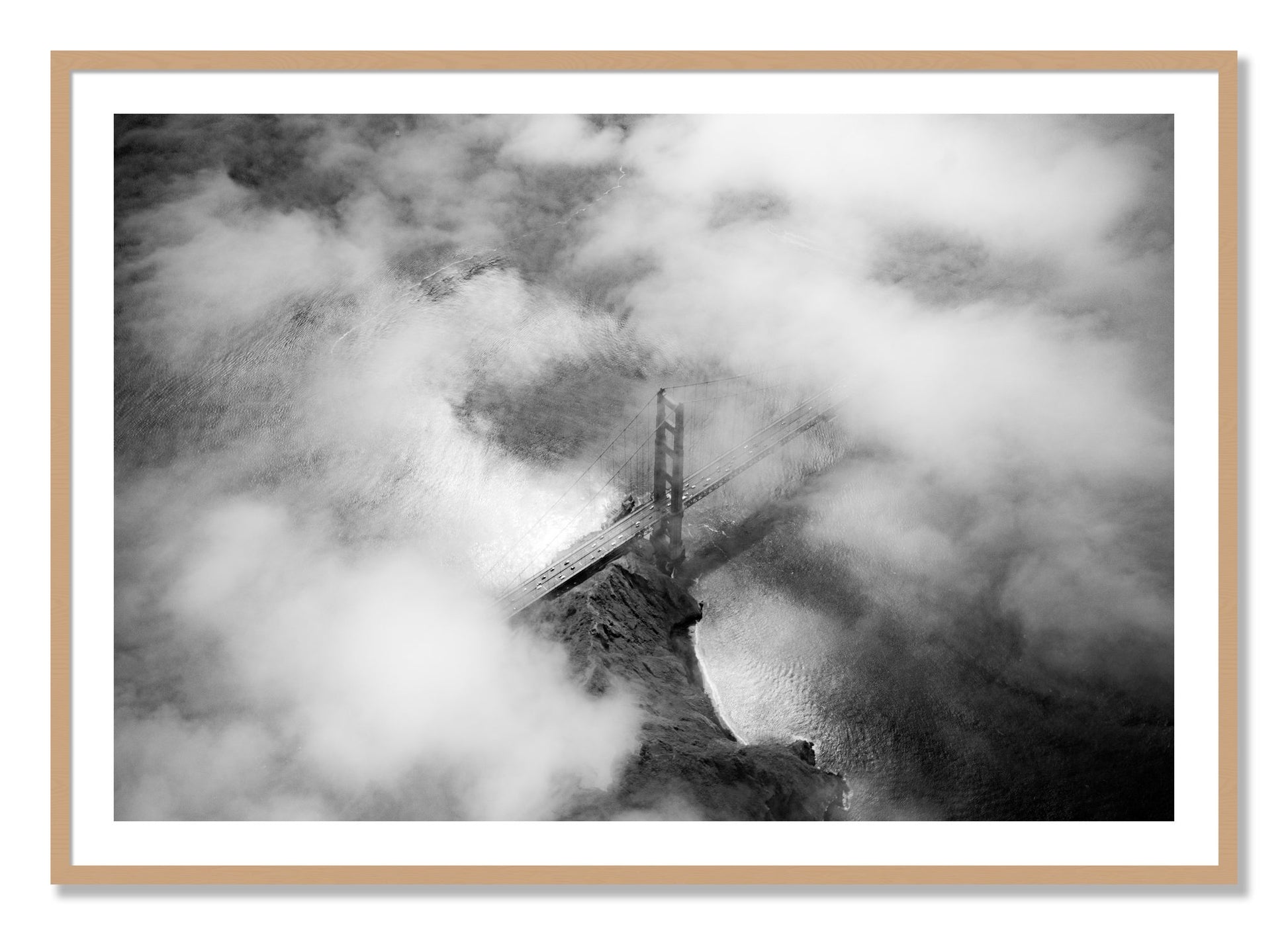 Framed photograph of Golden Gate Fog by Dylan Ozanich, Oak frame, Borders