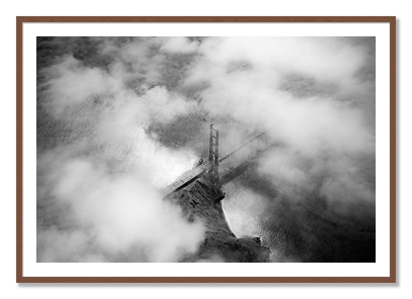 Framed photograph of Golden Gate Fog by Dylan Ozanich, Walnut frame, Borders
