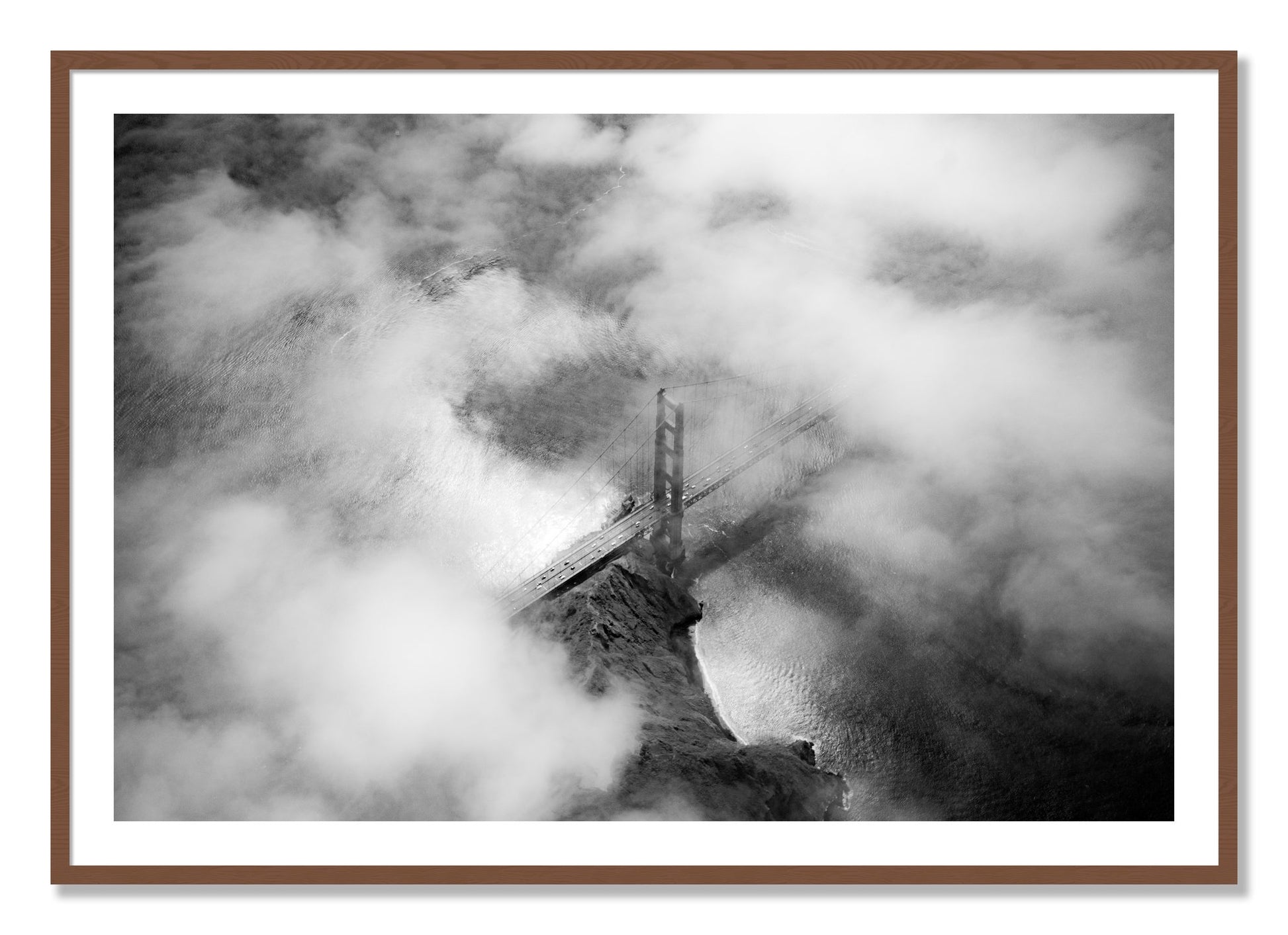 Framed photograph of Golden Gate Fog by Dylan Ozanich, Walnut frame, Borders