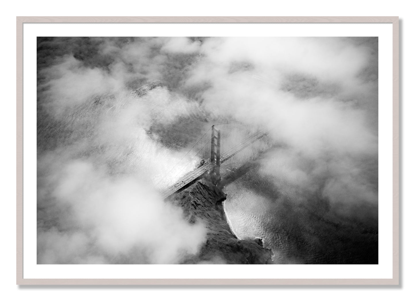Framed photograph of Golden Gate Fog by Dylan Ozanich, White Maple frame, Borders