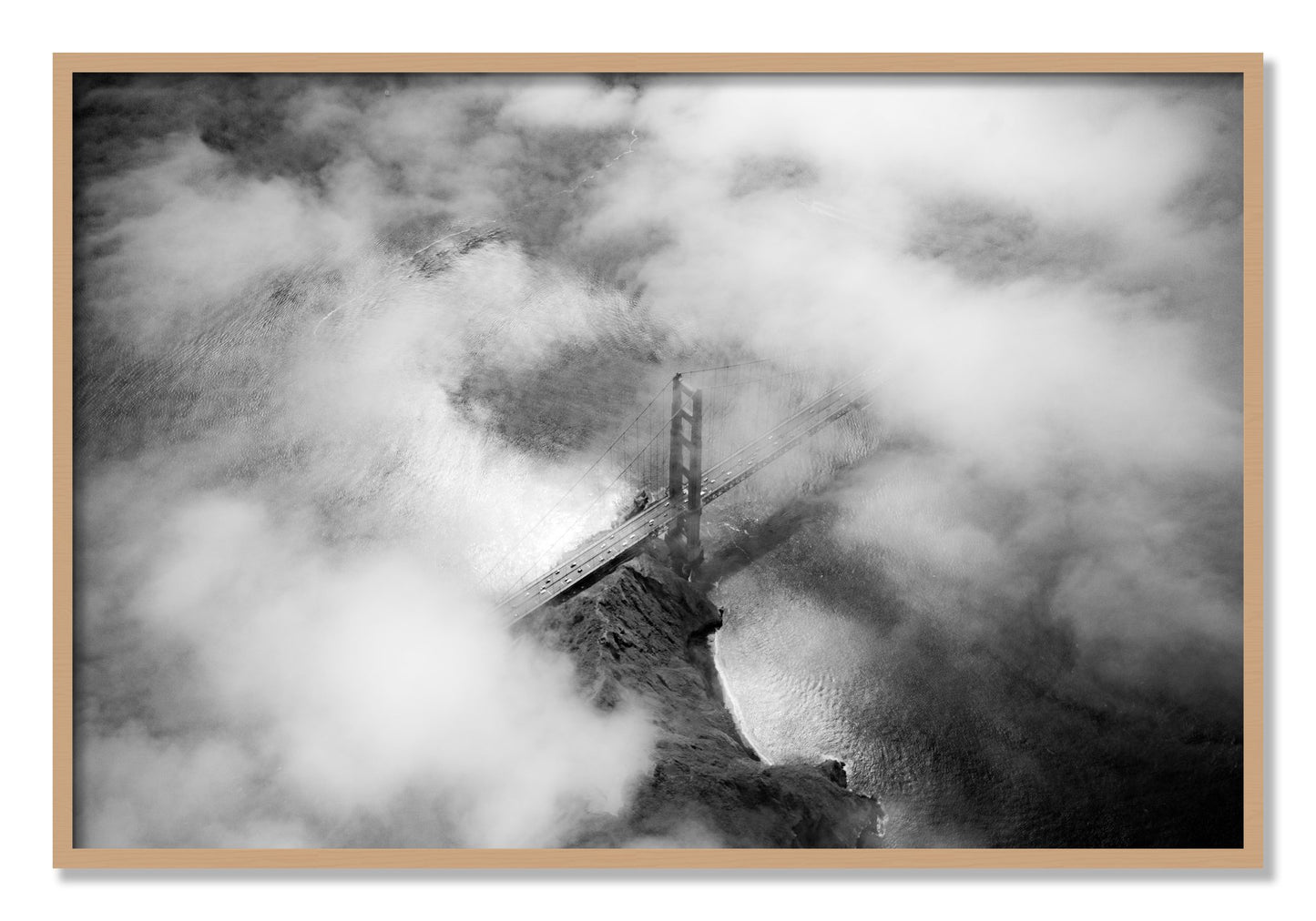 Framed photograph of Golden Gate Fog by Dylan Ozanich, Oak frame, Full Bleed