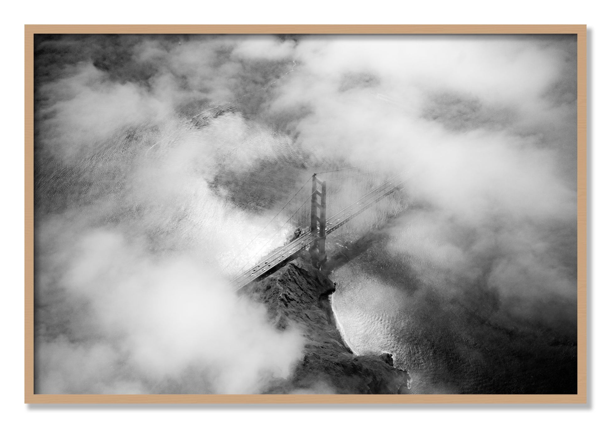 Framed photograph of Golden Gate Fog by Dylan Ozanich, Oak frame, Full Bleed