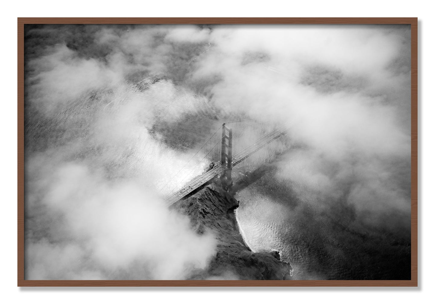 Framed photograph of Golden Gate Fog by Dylan Ozanich, Walnut frame, Full Bleed