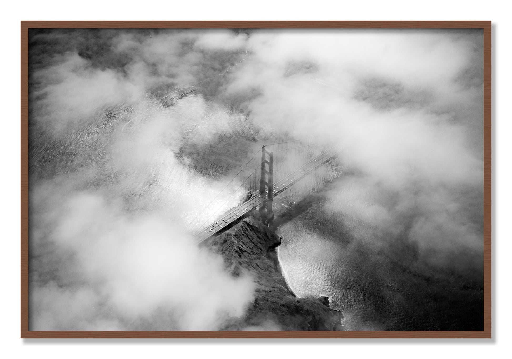 Framed photograph of Golden Gate Fog by Dylan Ozanich, Walnut frame, Full Bleed