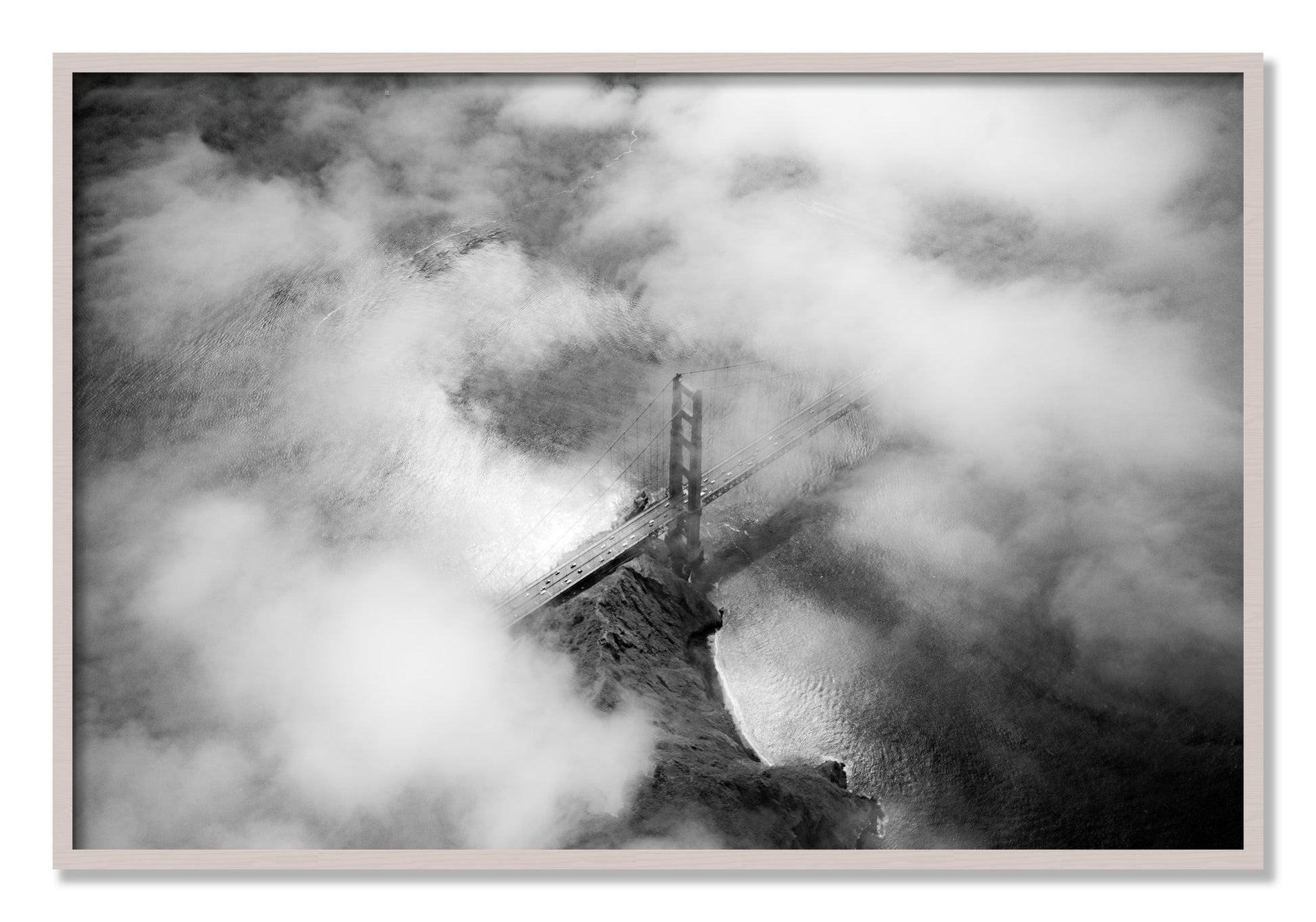 Framed photograph of Golden Gate Fog by Dylan Ozanich, White Maple frame, Full Bleed