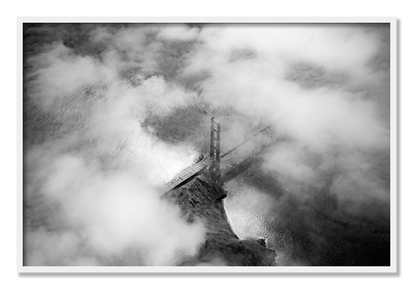 Framed photograph of Golden Gate Fog by Dylan Ozanich, White frame, Full Bleed