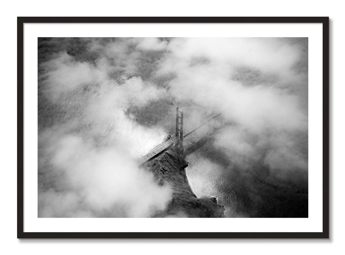 Framed photograph of Golden Gate Fog by Dylan Ozanich, Black Walnut frame, Borders