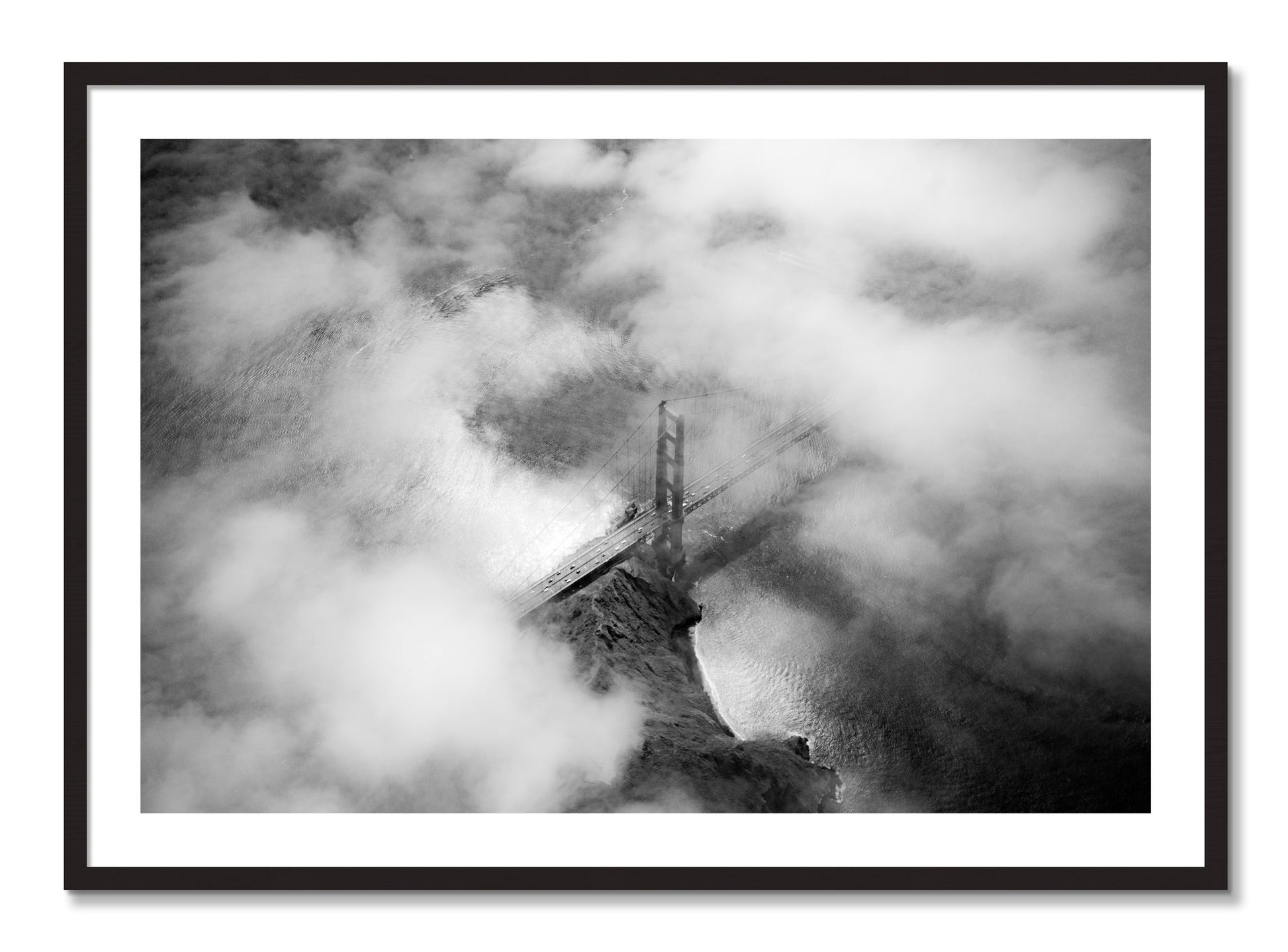 Framed photograph of Golden Gate Fog by Dylan Ozanich, Black Walnut frame, Borders
