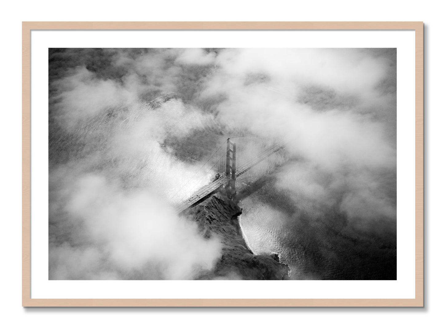 Framed photograph of Golden Gate Fog by Dylan Ozanich, Maple frame, Borders
