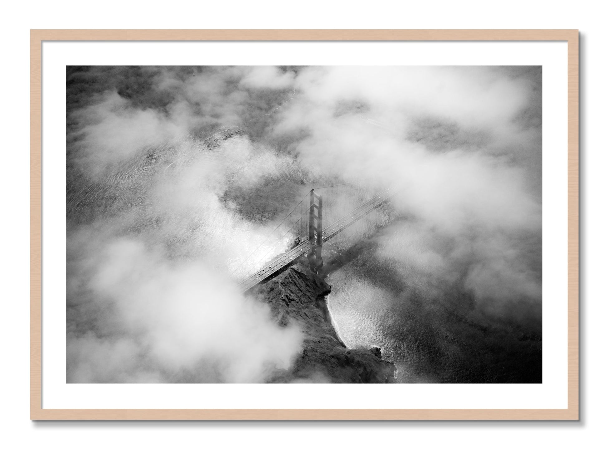 Framed photograph of Golden Gate Fog by Dylan Ozanich, Maple frame, Borders