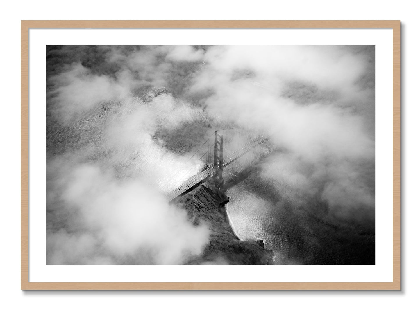 Framed photograph of Golden Gate Fog by Dylan Ozanich, Oak frame, Borders
