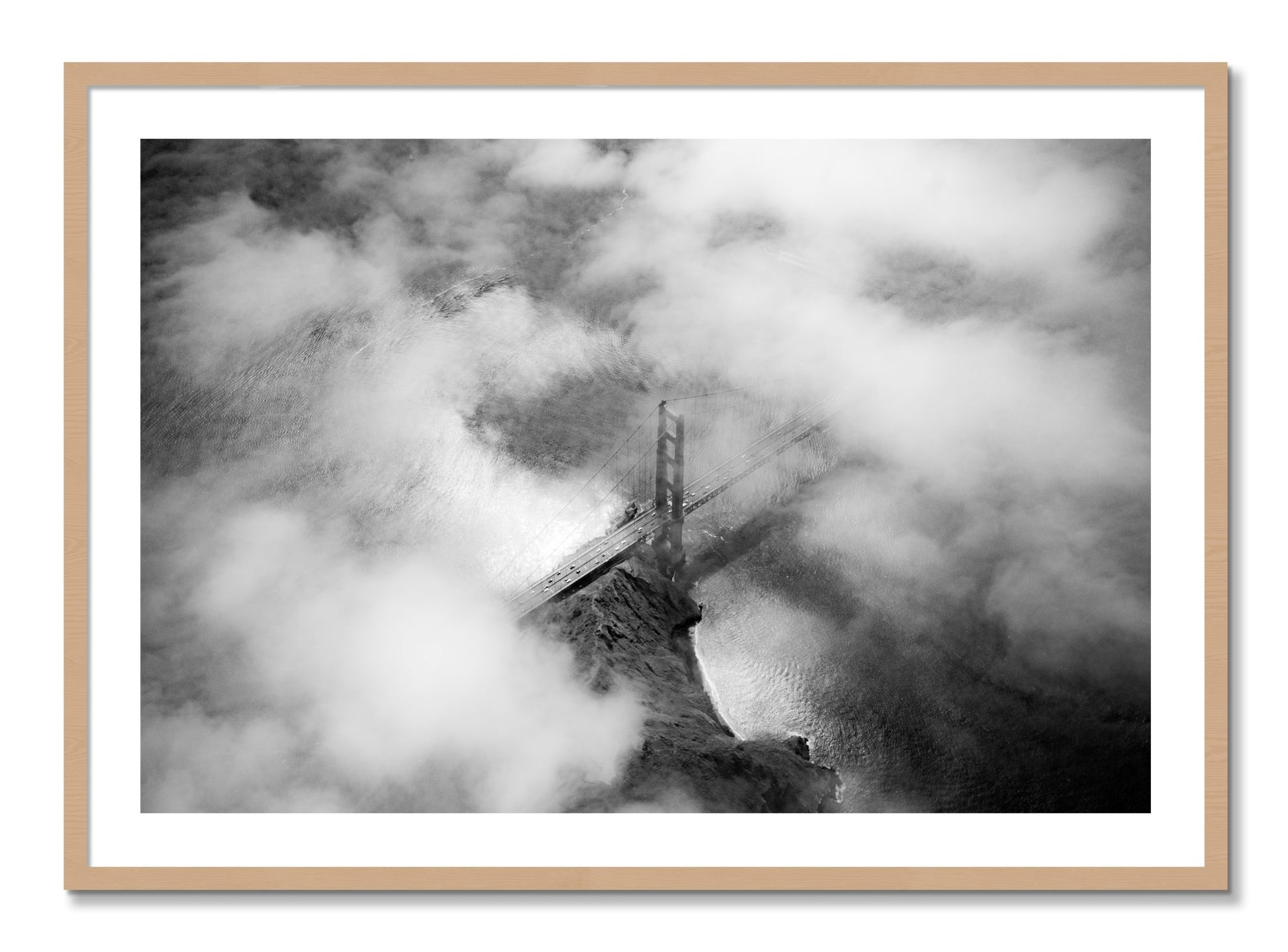 Framed photograph of Golden Gate Fog by Dylan Ozanich, Oak frame, Borders