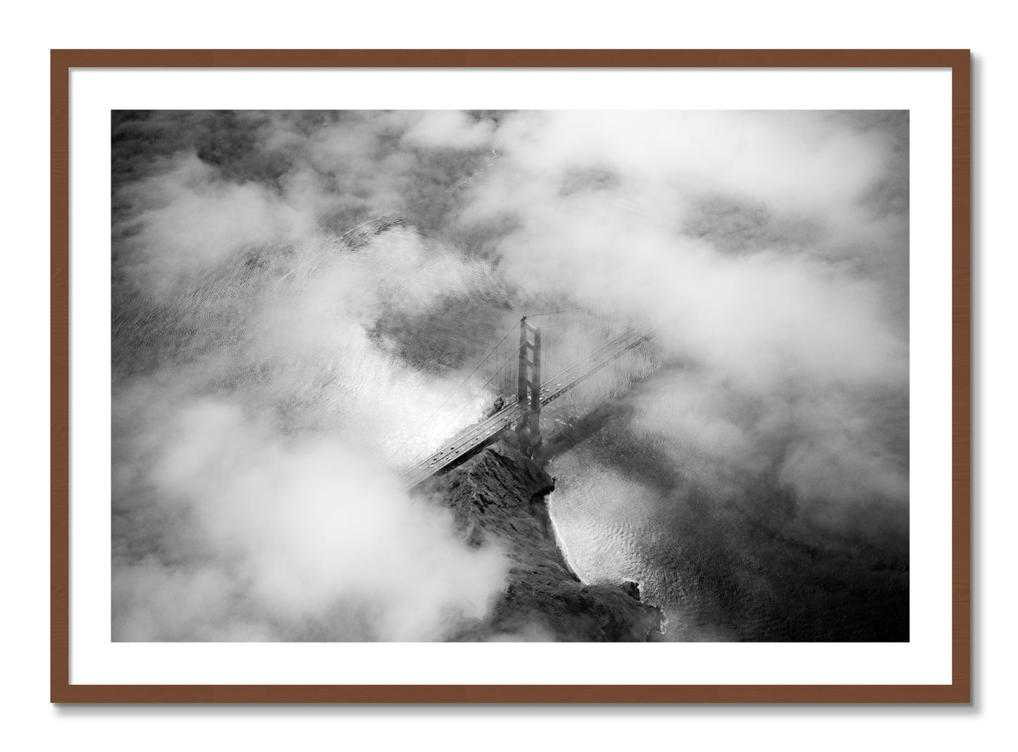 Framed photograph of Golden Gate Fog by Dylan Ozanich, Walnut frame, Borders
