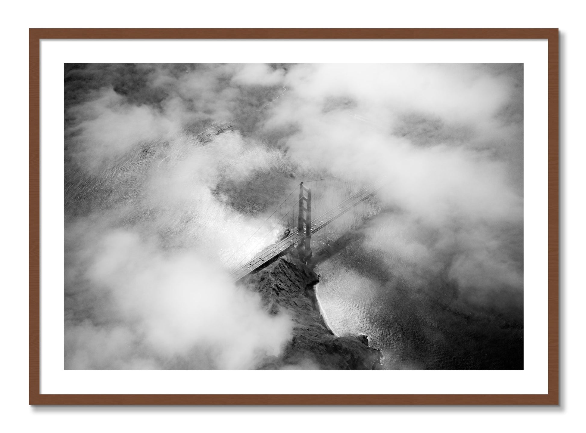 Framed photograph of Golden Gate Fog by Dylan Ozanich, Walnut frame, Borders