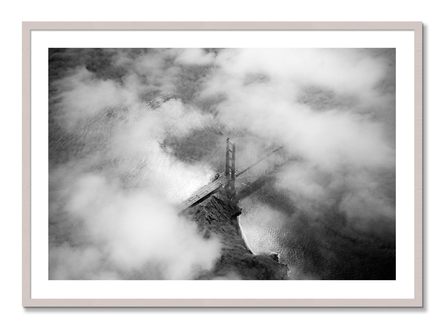 Framed photograph of Golden Gate Fog by Dylan Ozanich, White Maple frame, Borders