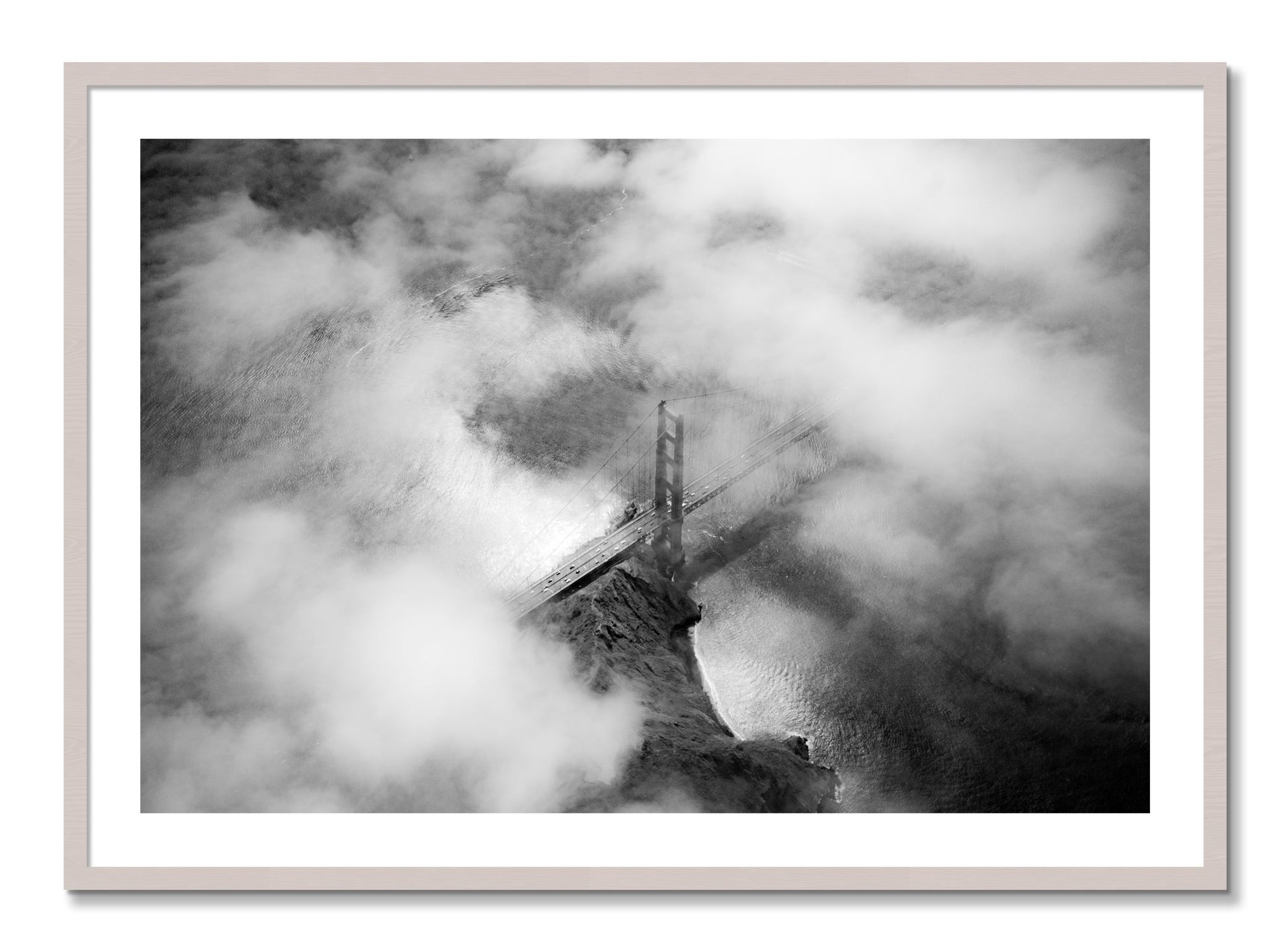 Framed photograph of Golden Gate Fog by Dylan Ozanich, White Maple frame, Borders