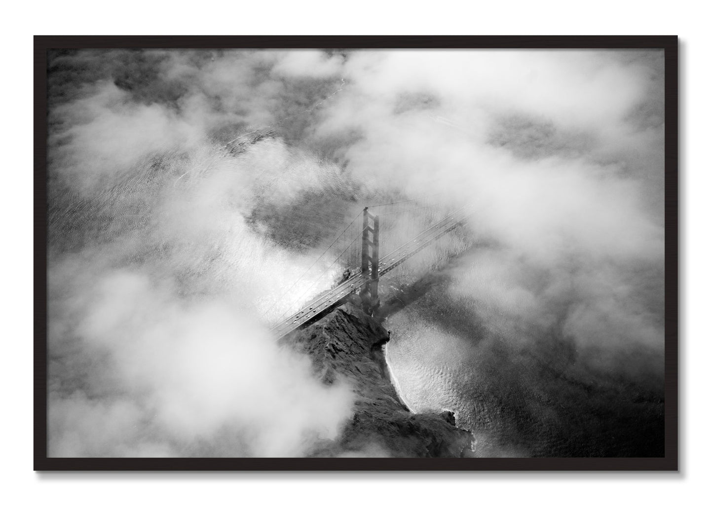 Framed photograph of Golden Gate Fog by Dylan Ozanich, Black Walnut frame, Full Bleed