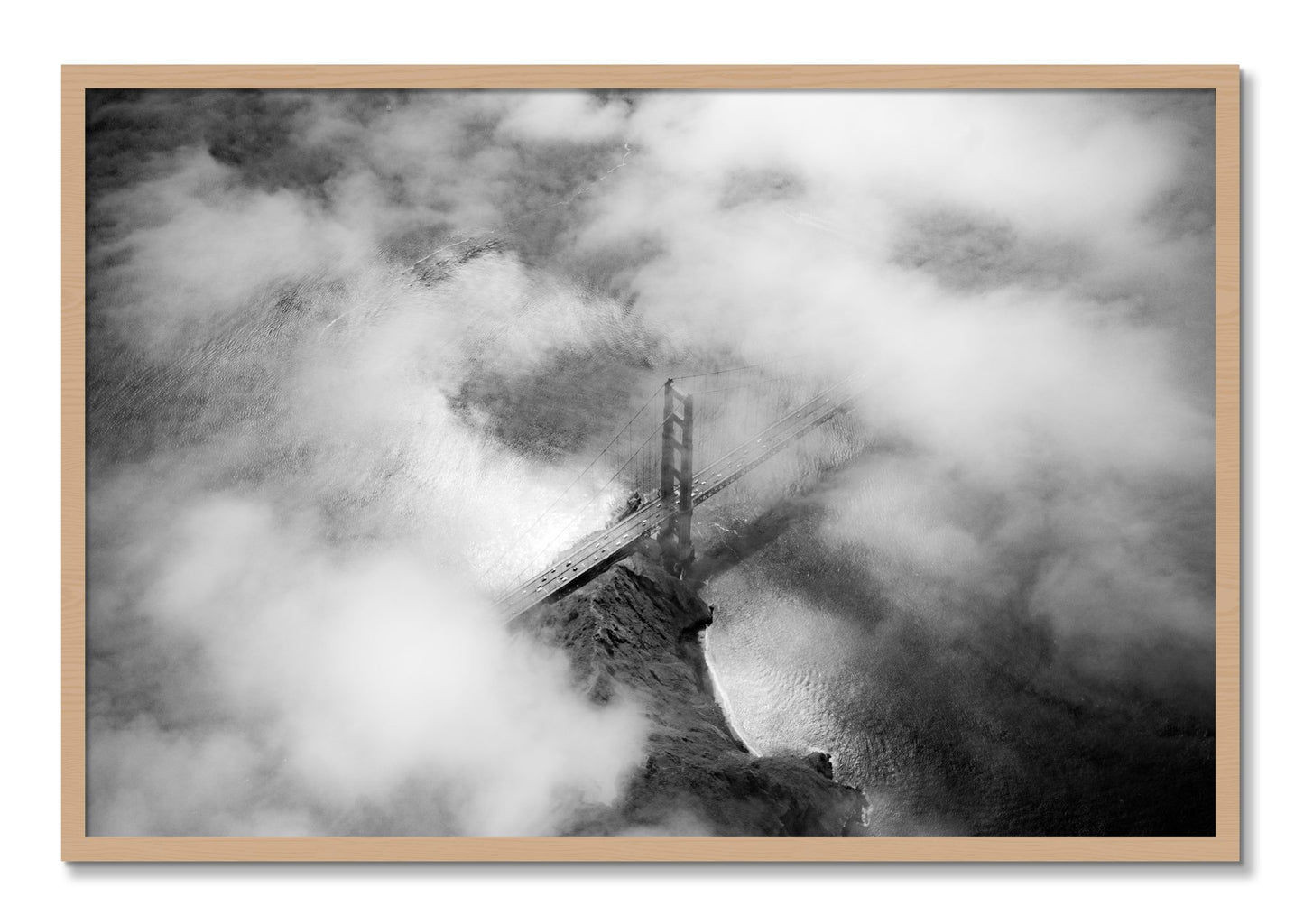 Framed photograph of Golden Gate Fog by Dylan Ozanich, Oak frame, Full Bleed