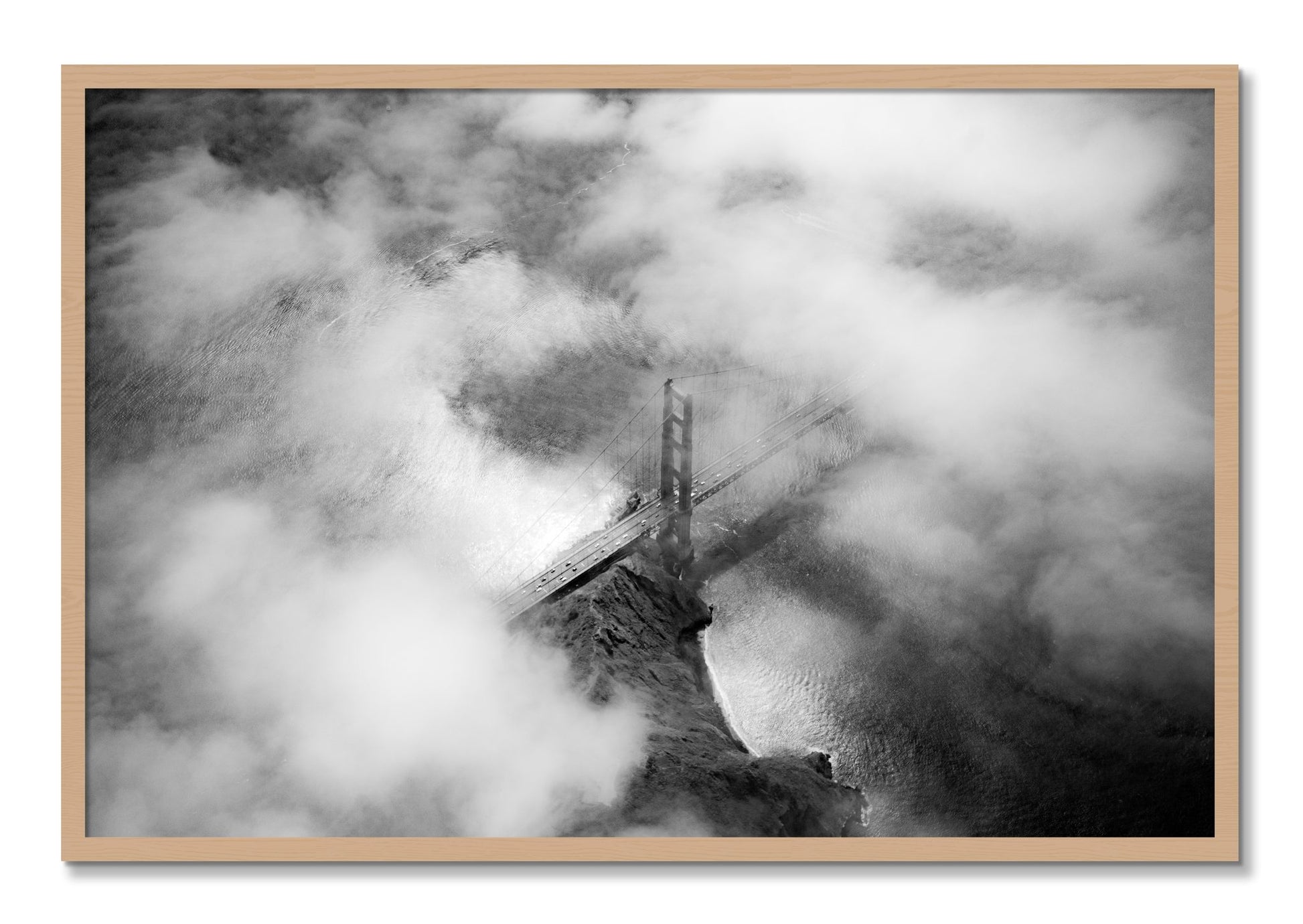 Framed photograph of Golden Gate Fog by Dylan Ozanich, Oak frame, Full Bleed